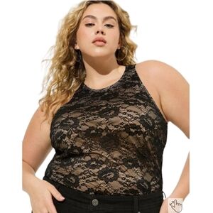 Torrid 1 Stretch Lace High Neck Tank 14 16 Black Lace Nude Lining NWT